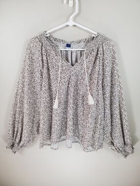 Old Navy Size L Floral Oversized Long Sleeve Smocked Linen Blend Shirt Top